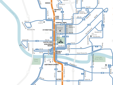 A map of Austin shows a north-south orange-colored line running through downtown